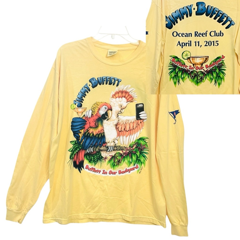 Jimmy Buffett In Our Backyard Shirt Sz L Yellow Betsy Baytos Graphic Long Sleeve